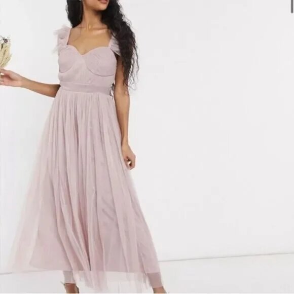 ASOS Anaya With Love womens Bridesmaid Tulle Ruffle Sleeve Maxi Dress US 12 NWT - Picture 1 of 13